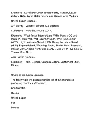 Examples - Dubai and Oman assessments, Murban, Lower
Zakum, Qatar Land, Qatar marine and Banoco Arab Medium
United States Crudes –
API gravity – variable, around 39.6 degrees
Sulfur level – variable, around 0.24%
Examples - West Texas Intermediate (WTI), Mars MOC and
Mars, P - Plus WTI, WTI Calendar Delta, West Texas Sour
(WTS), Light Louisiana Sweet (LLS), Heavy Louisiana Sweet
(HLS), Engene Island, Wyoming Sweet, Bonito, Mars, Poseidon,
Basrah Light, Alaska North Slope (ANS), Line 63, P-Plus Line 63,
Thums, Kern River
Asia Pacific Crudes –
Examples - Tapis, Belinda, Cossack, Jabiru, North West Shelf,
Mirietc


Crude oil producing countries
The following is the production wise list of major crude oil
producing countries of the world
Saudi Arabia*
Russia
United States
Iran*
Mexico
 