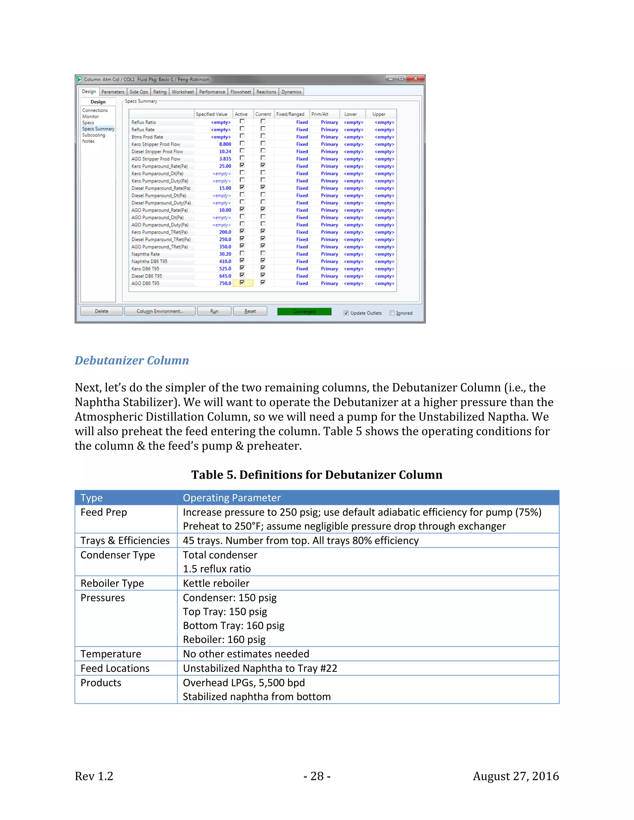 Rev 1.2 - 28 - August 27, 2016
Debutanizer Column
Next, let’s do the simpler of the two remaining columns, the Debutanizer Column (i.e., the
Naphtha Stabilizer). We will want to operate the Debutanizer at a higher pressure than the
Atmospheric Distillation Column, so we will need a pump for the Unstabilized Naptha. We
will also preheat the feed entering the column. Table 5 shows the operating conditions for
the column & the feed’s pump & preheater.
Table 5. Definitions for Debutanizer Column
Type Operating Parameter
Feed Prep Increase pressure to 250 psig; use default adiabatic efficiency for pump (75%)
Preheat to 250°F; assume negligible pressure drop through exchanger
Trays & Efficiencies 45 trays. Number from top. All trays 80% efficiency
Condenser Type Total condenser
1.5 reflux ratio
Reboiler Type Kettle reboiler
Pressures Condenser: 150 psig
Top Tray: 150 psig
Bottom Tray: 160 psig
Reboiler: 160 psig
Temperature No other estimates needed
Feed Locations Unstabilized Naphtha to Tray #22
Products Overhead LPGs, 5,500 bpd
Stabilized naphtha from bottom
 