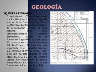 Campo: LAGUNILLAS
GEOLOGÍA
B) ESTRATIGRAFÍA
El yacimiento LL-07 está constituido
por los Miembros Laguna y Lagunilla
Inferior de la Formación Lagunilla y
los Miembros La Rosa y Santa Bárbara
de la Formación La Rosa, de edad
Mioceno. Infra yace
concordantemente al Miembro
Bachaquero, también de la
Formación Lagunillas y supra yace
discordantemente a las formaciones
del Pos-Eoceno. El miembro más
importante es el Lagunillas Inferior,
que contiene el 89% del POES. Este,
a su vez, ha sido dividido en tres
capas: LL-A, LL-B y LL-C. (El Miembro
Laguna fue subdividido en cuatro
lentes desde La A hasta La D y a la
Formación La Rosa, en LRA y LRB)
 