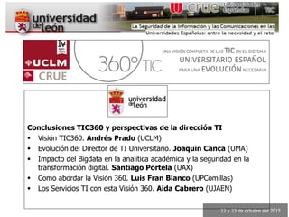 22 y 23 de octubre del 2015
Los Servicios TI con esta Visión 360º
Reunión de la Sectorial CRUE-TIC
Universidad de León
22 y 23 de octubre del 2015
Adelaida Cabrero
acabrero@ujaen.es
 