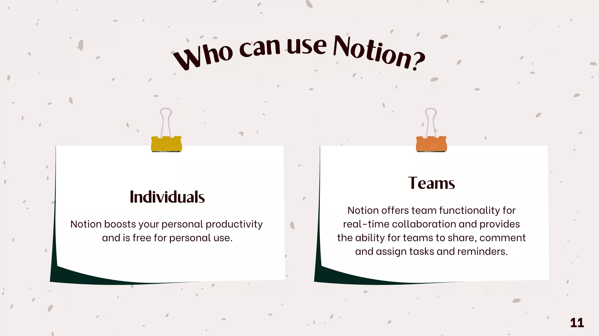 Teams
Notion offers team functionality for
real-time collaboration and provides
the ability for teams to share, comment
and assign tasks and reminders.
Individuals
Notion boosts your personal productivity
and is free for personal use.
W
ho can use Notion?
11
 
