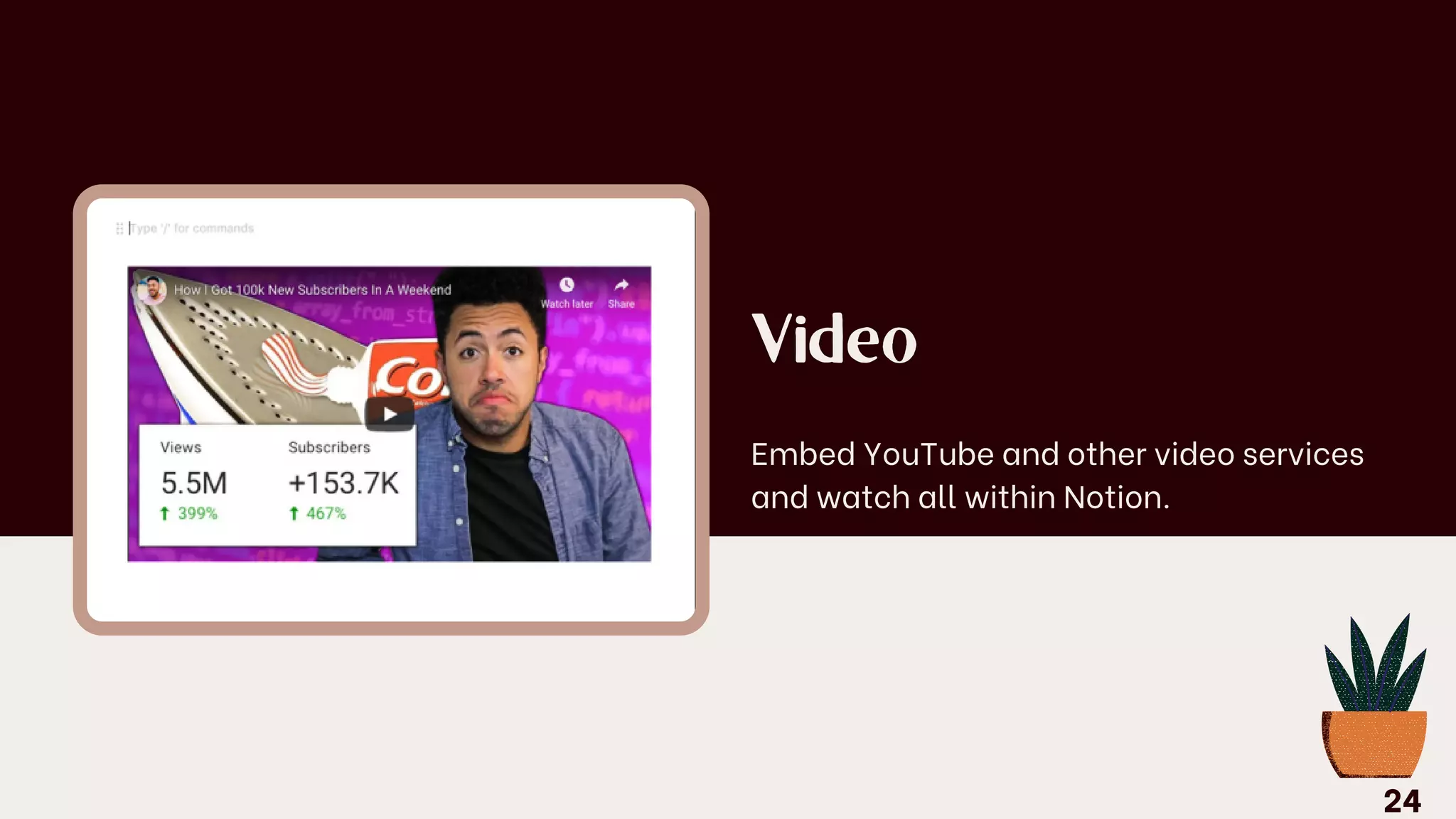 Video
Embed YouTube and other video services
and watch all within Notion.
24
 