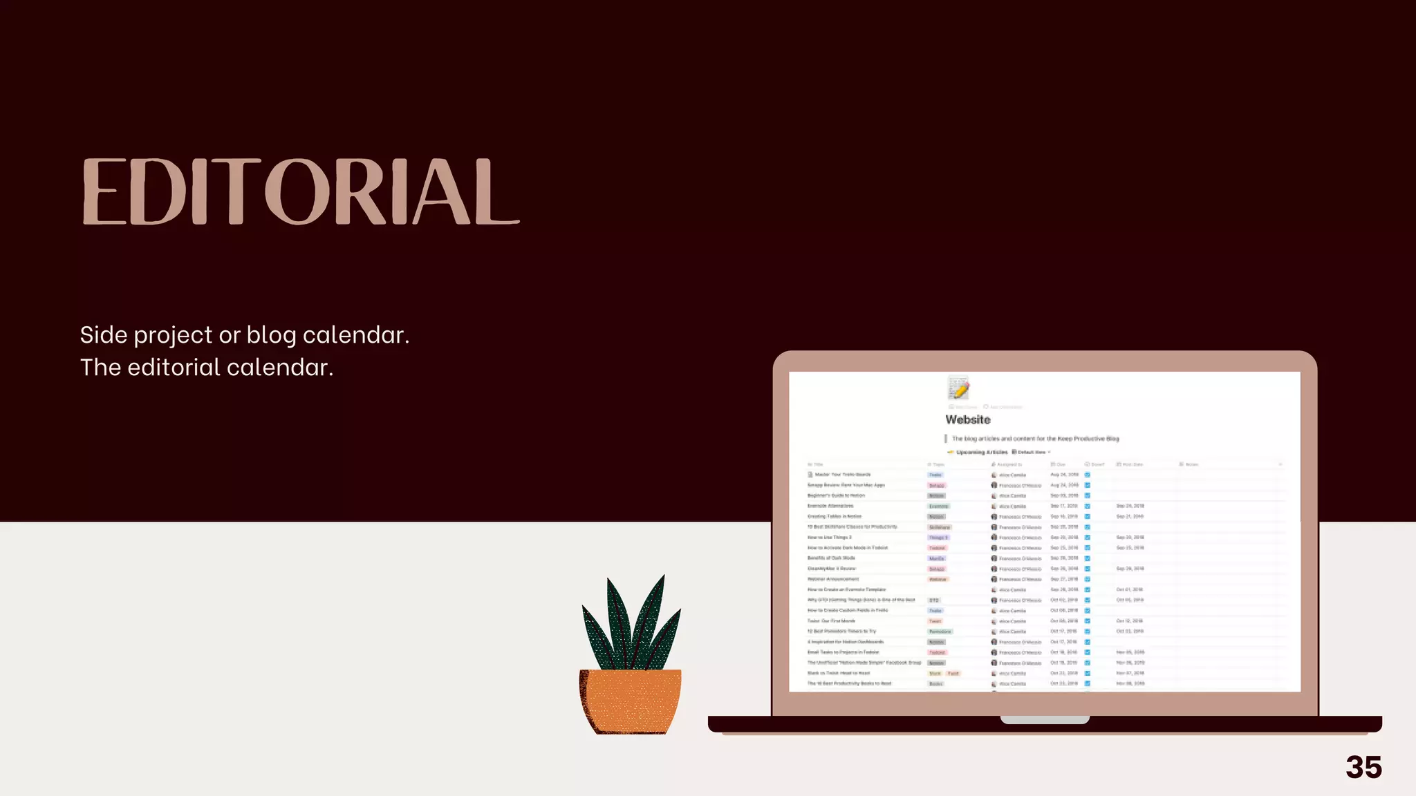 EDITORIAL
Side project or blog calendar.
The editorial calendar.
35
 