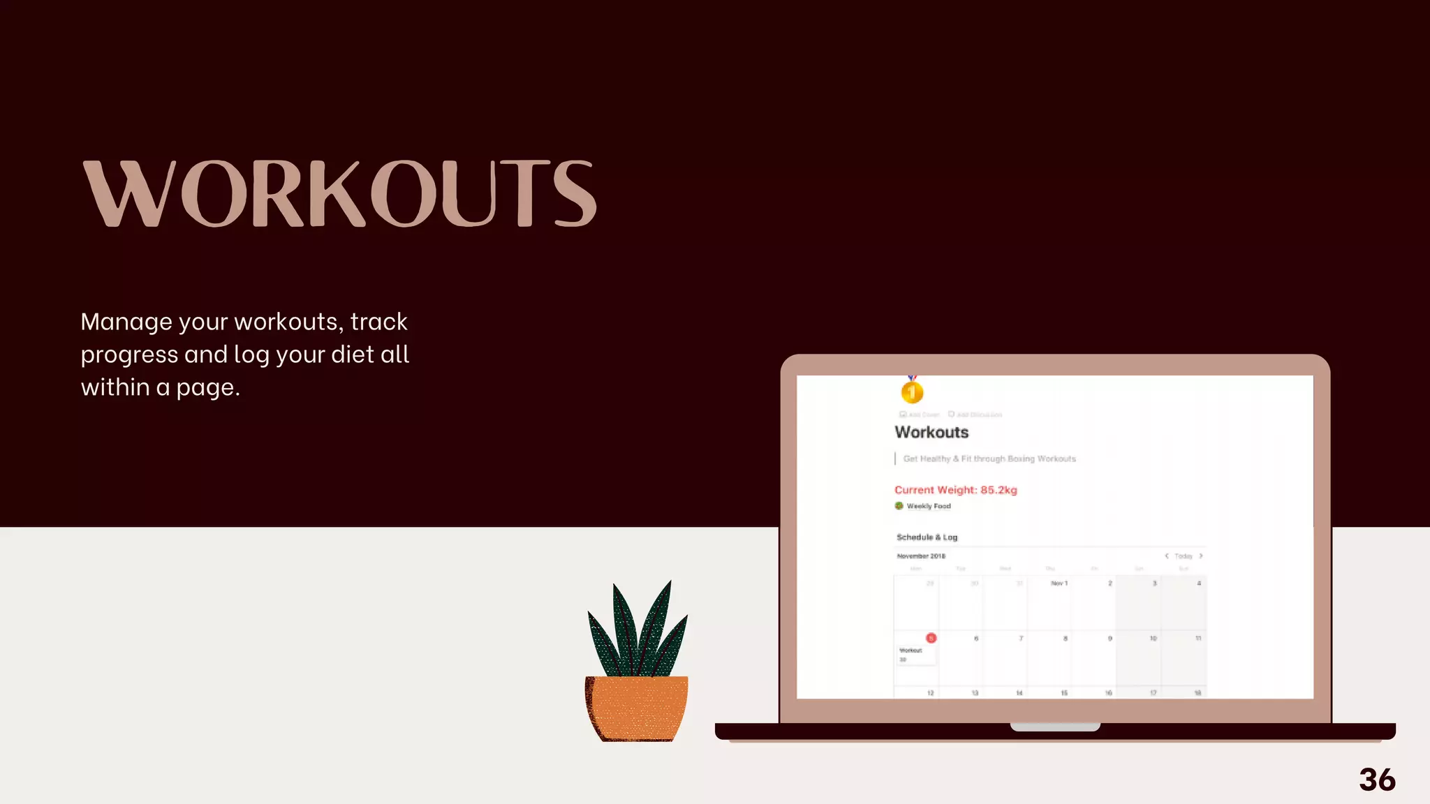 WORKOUTS
Manage your workouts, track
progress and log your diet all
within a page.
36
 