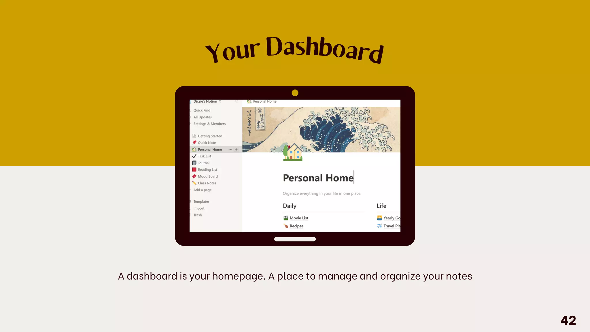 Your Dashboard
A dashboard is your homepage. A place to manage and organize your notes
42
 
