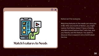 Match Features to Needs
Notion isn't for everyone.
Matching features to the needs can save you
time. After one month of Notion, you might
realize that Notion doesn't have a friendly
sharable board feature that Trello has, and
you heavily use this feature. You want to
discover this in research not a month down
the line.
30
 