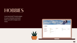 HOBBIES
Love learning?! Create pages
on your interests and build
them out with images and
more.
40
 