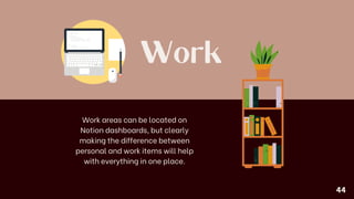 Work
Work areas can be located on
Notion dashboards, but clearly
making the difference between
personal and work items will help
with everything in one place.
44
 