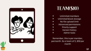 TEAM($10)
Unlimited members
Unlimited block storage
No file upload limit
Advanced permissions
Priority support
Version history
Admin tools
Remember, this is per member,
permonth. So a team of 5, $50 per
month
57
 