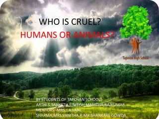 WHO IS CRUEL?
HUMANS OR ANIMALS?




   BY STUDENTS OF TAPOVAN SCHOOL:-
   ARTHI.S;SANKETH.S;NITISH;MAMTHA;RAJKUMAR.
   MENTORS:-MRS.J.A.VANI
   SHARMA;MRS.VANITHA.R;MR.SHANKARE GOWDA.
 