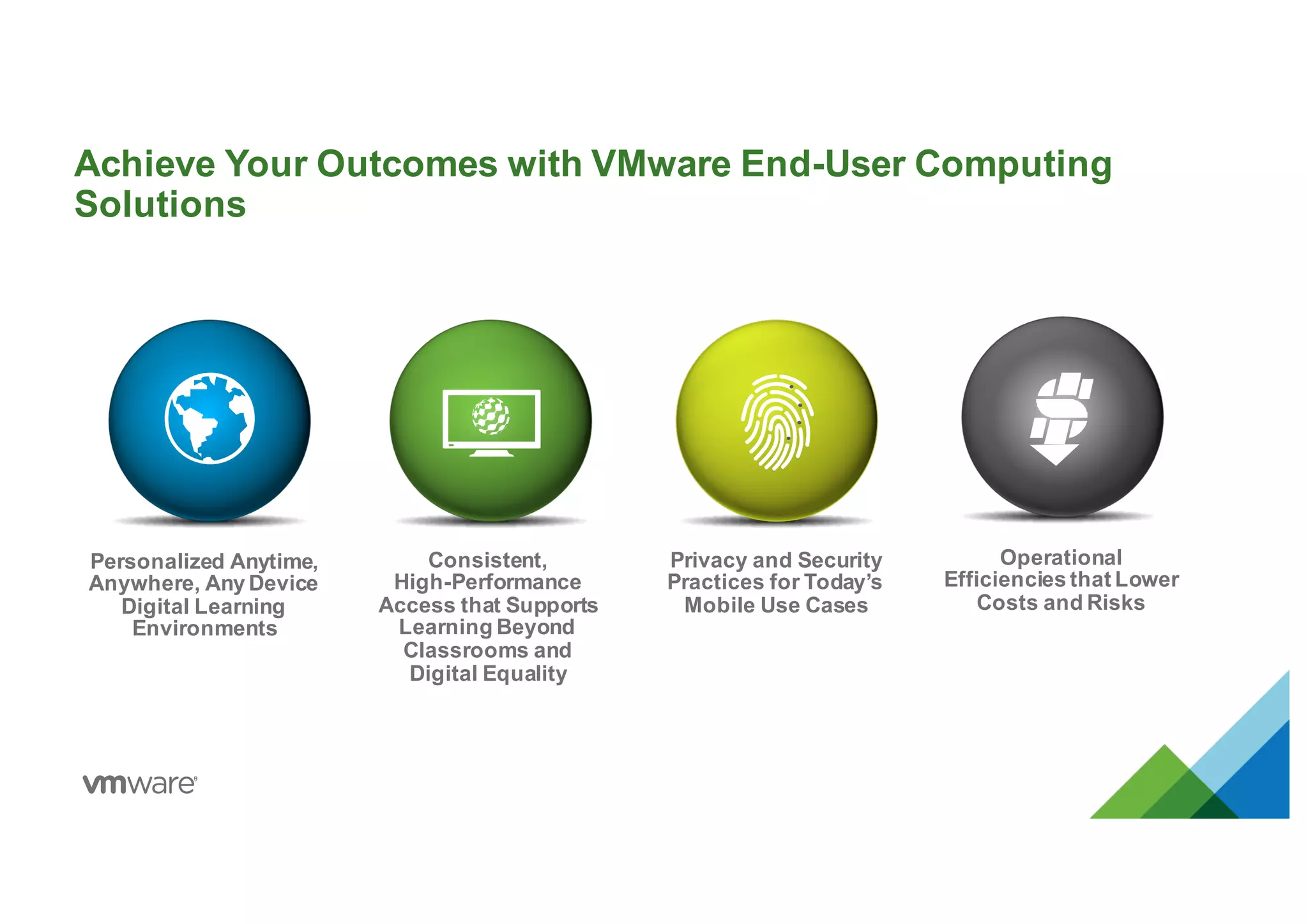 Achieve Your Outcomes with VMware End-User Computing
Solutions
Personalized Anytime,
Anywhere, Any Device
Digital Learning
Environments
Operational
Efficiencies that Lower
Costs and Risks
Privacy and Security
Practices for Today’s
Mobile Use Cases
Consistent,
High-Performance
Access that Supports
Learning Beyond
Classrooms and
Digital Equality
 