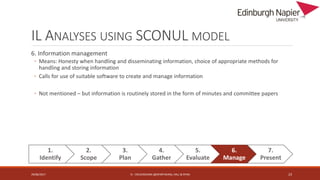 IL ANALYSES USING SCONUL MODEL
6. Information management
◦ Means: Honesty when handling and disseminating information, cho...