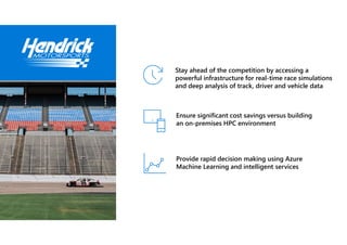 © Microsoft Corporation
Stay ahead of the competition by accessing a
powerful infrastructure for real-time race simulations
and deep analysis of track, driver and vehicle data
Ensure significant cost savings versus building
an on-premises HPC environment
Provide rapid decision making using Azure
Machine Learning and intelligent services
 