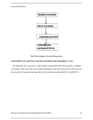 Cruise Control Devices

Fig 8.Flow diagram of controlling proces
5.2EXAMPLE OF ADAPTIVE CRUISE CONTROLLER (MOTOROLA ACC)
The Motorola ACC constitutes a DSP module having MGT5200 which provides a multiplyaccumulator. The sensor data such as Radar information, that from camera and an IR sensor are
processed in it, to generate the input data for the controller modules like HC12 and MPC565.

Division of Computer Science and Engineering, SOE, CUSAT

14

 