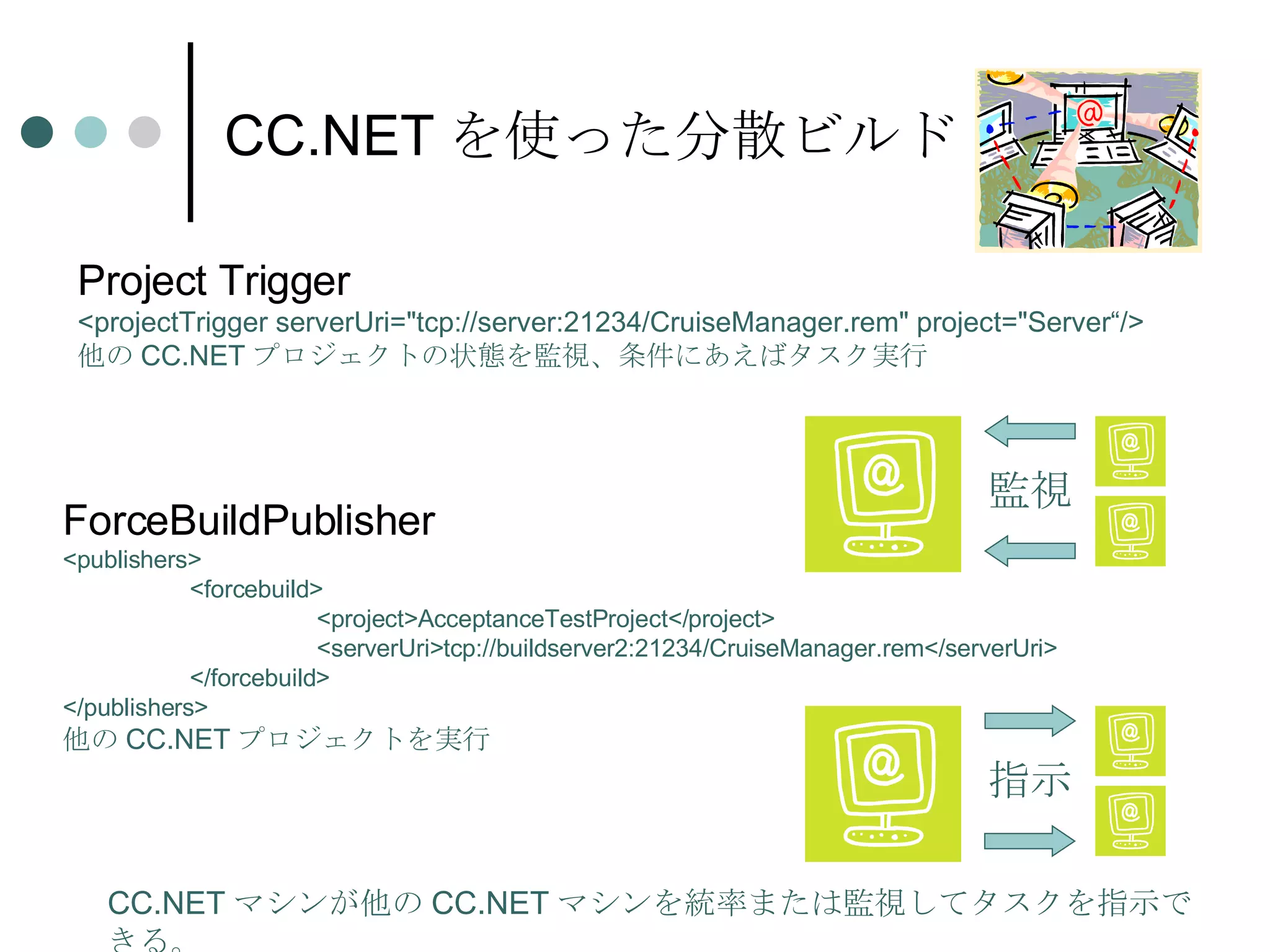 CC.NET を使った分散ビルド Project Trigger <projectTrigger serverUri=&quot;tcp://server:21234/CruiseManager.rem&quot; project=&quot;Server“/> 他の CC.NET プロジェクトの状態を監視、条件にあえばタスク実行 ForceBuildPublisher <publishers> <forcebuild> <project>AcceptanceTestProject</project> <serverUri>tcp://buildserver2:21234/CruiseManager.rem</serverUri> </forcebuild> </publishers>  他の CC.NET プロジェクトを実行 CC.NET マシンが他の CC.NET マシンを統率または監視してタスクを指示できる。 監視 指示 