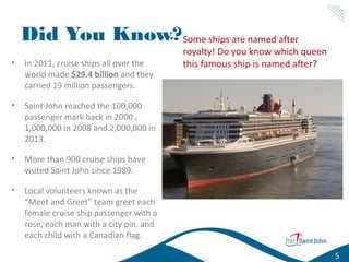 Did You Know? Some ships are named after
•
•

In 2011, cruise ships all over the
world made $29.4 billion and they
carried 19 million passengers.

•

Saint John reached the 100,000
passenger mark back in 2000 ,
1,000,000 in 2008 and 2,000,000 in
2013.

•

More than 900 cruise ships have
visited Saint John since 1989.

•

royalty! Do you know which queen
this famous ship is named after?

Local volunteers known as the
“Meet and Greet” team greet each
female cruise ship passenger with a
rose, each man with a city pin, and
each child with a Canadian flag.
5

 