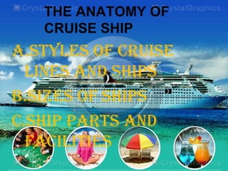 THE ANATOMY OF
CRUISE SHIP
A.STYLES OF CRUISE
LINES AND SHIPS
B.SIZES OF SHIPS
C.SHIP PARTS AND
FACILITIES