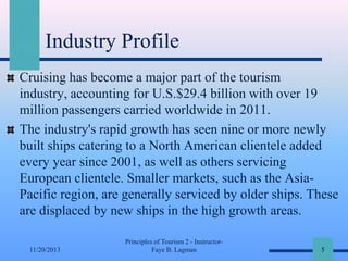 Industry Profile
Cruising has become a major part of the tourism
industry, accounting for U.S.$29.4 billion with over 19
million passengers carried worldwide in 2011.
The industry's rapid growth has seen nine or more newly
built ships catering to a North American clientele added
every year since 2001, as well as others servicing
European clientele. Smaller markets, such as the AsiaPacific region, are generally serviced by older ships. These
are displaced by new ships in the high growth areas.
11/20/2013

Principles of Tourism 2 - InstructorFaye B. Lagman

5

 
