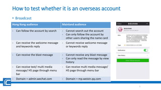 How to test whether it is an overseas account
• Broadcast
5
Hong Kong audience Mainland audience
- Can follow the account by search - Cannot search out the account
- Can only follow the account by
other users sharing the name card
- Can receive the welcome message
and keywords reply
- Cannot receive welcome message
or keywords reply
- Can receive the blast message - Cannot receive any blast message
- Can only read the message by view
history
- Can receive text/ multi media
message/ H5 page through menu
bar
- Can receive multi media message/
H5 page through menu bar
- Domain = admin.wechat.com - Domain = mp.weixin.qq.com
 
