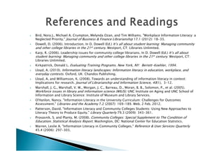    Bird, Nora J., Michael A. Crumpton, Melynda Ozan, and Tim Williams. "Workplace Information Literacy: a
    Neglected Priority." Journal of Business & Finance Librarianship 17.1 (2012): 18-33.
   Dowell, D. (2006). Introduction. In D. Dowell (Ed.) It’s all about student learning: Managing community
    and other college libraries in the 21st century. Westport, CT: Libraries Unlimited.
   Karp, R. (2006). Leadership issues for community college librarians. In D. Dowell (Ed.) It’s all about
    student learning: Managing community and other college libraries in the 21st century. Westport, CT:
    Libraries Unlimited.
   Kirkpatrick, Donald L. Evaluating Training Programs. New York, NY: Berrett-Koehler, 1994.
   Lloyd, A. (2010). Information literacy landscapes: Information literacy in education, workplace, and
    everyday contexts. Oxford, UK: Chandos Publishing.
   Lloyd, A. and Williamson, K. (2008). Towards an understanding of information literacy in context:
    Implications for research. Journal of Librarianship and Information Science, 40(1), 3-12.
   Marshall, J. G., Marshall, V. W., Morgan, J. C., Barreau, D., Moran, B. B., Solomon, P., et al. (2005).
    Workforce issues in library and information science (WILIS). UNC Institute on Aging and UNC School of
    Information and Library Science: Institute of Museum and Library Services.
   O'Hanlon, Nancy. "Information Literacy in the University Curriculum: Challenges for Outcomes
    Assessment." Libraries and the Academy 7.2 (2007): 169-189. Web. 2 Feb. 2012.
   Patterson, David. "Information Literacy and Community Colleges Students: Using New Approaches to
    Literacy Theory to Produce Equity." Library Quarterly 79.3 (2009): 343-361.
   Provasnik, S. and Planty, M. (2008). Community Colleges: Special Supplement to The Condition of
    Education. Statistical Analysis Report. Washington, DC: National Center for Education Statistics.
   Warren, Leslie A. "Information Literacy in Community Colleges." Reference & User Services Quarterly
    45.4 (2006): 297-303.
 