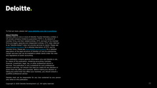 22
To find out more, please visit www.deloitte.com/de/crunchtime.
About Deloitte
Deloitte refers to one or more of Deloitte Touche Tohmatsu Limited, a
UK private company limited by guarantee (“DTTL”), its network of
member firms, and their related entities. DTTL and each of its member
firms are legally separate and independent entities. DTTL (also referred
to as “Deloitte Global”) does not provide services to clients. Please see
www.deloitte.com/about for a detailed description of DTTL and its
member firms. Please see www.deloitte.com/us/about for a detailed
description of the legal structure of Deloitte LLP and its subsidiaries.
Certain services may not be available to attest clients under the rules
and regulations of public accounting.
This publication contains general information only and Deloitte is not,
by means of this publication, rendering accounting, business,
financial, investment, legal, tax, or other professional advice or
services. This publication is not a substitute for such professional
advice or services, nor should it be used as a basis for any decision or
action that may affect your business. Before making any decision or
taking any action that may affect your business, you should consult a
qualified professional advisor.
Deloitte shall not be responsible for any loss sustained by any person
who relies on this publication.
Copyright © 2020 Deloitte Development LLC. All rights reserved.
 