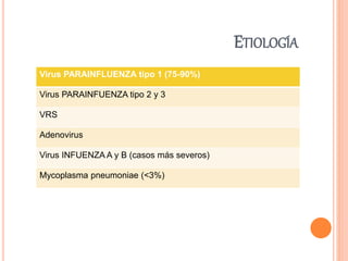 Virus PARAINFLUENZA tipo 1 (75-90%)
Virus PARAINFUENZA tipo 2 y 3
VRS
Adenovirus
Virus INFUENZA A y B (casos más severos)
...