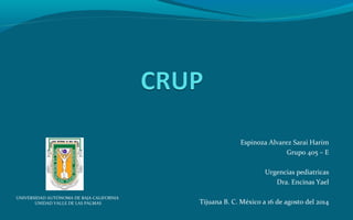Espinoza Alvarez Sarai Harim 
Grupo 405 – E 
Urgencias pediatricas 
Dra. Encinas Yael 
Tijuana B. C. México a 16 de agosto del 2014 UNIVERSIDAD AUTÓNOMA DE BAJA CALIFORNIA 
UNIDAD VALLE DE LAS PALMAS 
 