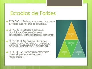 Estadios de Forbes


ESTADIO I: Fiebre, ronquera, tos seca,
estridor inspiratorio al esfuerzo.



ESTADIO II: Estridor continuo,
participación de músculos
accesorios, retracción costal inferior.



ESTADIO III: Signos de hipoxia e
hipercapnia, Inquietud, ansiedad,
palidez, sudoración, taquipnea.



ESTADIO IV: Cianosis intermitente,
cianosis permanente, paro
respiratorio.

 