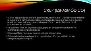 CRUP (ESPASMÓDICO)
• El crup espasmódico afecta, sobre todo, a niños de 1-3 años y clínicamente
recuerda a la laringotraqueobronquitis aguda, salvo porque no se suelen
referir los antecedentes de cuadro prodrómico viral y fiebre ni en el
paciente ni en su familia.
• La causa es viral en algunos casos, pero en otros son importantes los
factores alérgicosy psicológicos.
• Edema pálido y acuoso, con un epitelio conservado
• Distinto del edema eritematoso con destrucción del epitelio en las
laringotraqueobronquitis.
 