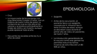 EPIDEMIOLOGIA
• Crup
• La mayor parte de los pacientes con
crup tiene entre 3 meses y 5 años, con un
máximo de hasta 2 años de edad. La
incidencia de crup es más alta en los
varones y se produce principalmente a
finales de otoño y en invierno, aunque
puede aparecer todo el año.
• Frecuentes las recaídas entre los 3 y 6
años de edad
• Epiglotitis
• Antes de la vacunación, el
paciente típico con epiglotitis
causada por H. influenza tipo b
tenía 2-4 años de edad, aunque
se describían casos durante el
primer año de vida y en pacientes
de hasta 7 años.
• La introducción generalizada de
la vacuna contra este germen ha
permitido reducir las formas
invasivas de esta infección un 80-
90% en niños.
 
