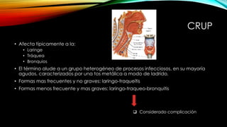 CRUP
• Afecta típicamente a la:
• Laringe
• Tráquea
• Bronquios
• El término alude a un grupo heterogéneo de procesos infecciosos, en su mayoría
agudos, caracterizados por una tos metálica a modo de ladrido.
• Formas mas frecuentes y no graves: laringo-traqueítis
• Formas menos frecuente y mas graves: laringo-traqueo-bronquitis
 Considerado complicación
 