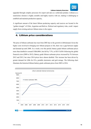 Lithium Industry Overview
CRU Consulting 12
upgraded through complex processes for export and sale as a solid-state product. Lithium as a
stand-alone element is highly unstable and highly reactive with air, making it challenging to
establish and maintain production capacity.
A significant amount of the latent lithium producing capacity and reserves are located in the
“golden triangle” of Chile, Argentina and Bolivia. Political and regulatory risks, could impact
supply from existing and new lithium mines in the region.
4. Lithium price considerations
The price of lithium carbonate has risen from 2005 due to the growth in LIB demand. Given the
higher costs involved in bringing new lithium projects to life, there was a gap between supply
and demand up until 2008. As a result, over this period, battery grade lithium carbonate prices
more than doubled to around US$6,000/t, but fell by 7.5%, to $US 5,658/t following the global
financial crisis (2009 to 2012). Battery grade lithium carbonate prices increased by 5% between
2012 and 2013, but since 2014 prices have almost doubled. This increase has been driven by
greater demand for LIBs for EVs, portable electronics and grid storage. The following chart
illustrates the historical lithium battery grade carbonate prices from 2005 to 2016.
Data: CRU
0
1000
2000
3000
4000
5000
6000
7000
8000
9000
2005 2006 2007 2008 2009 2010 2011 2012 2013 2014 2015 2016
Nominal, $/t
Lithium carbonate historical nominal prices
Lithium carbonate >99%
 