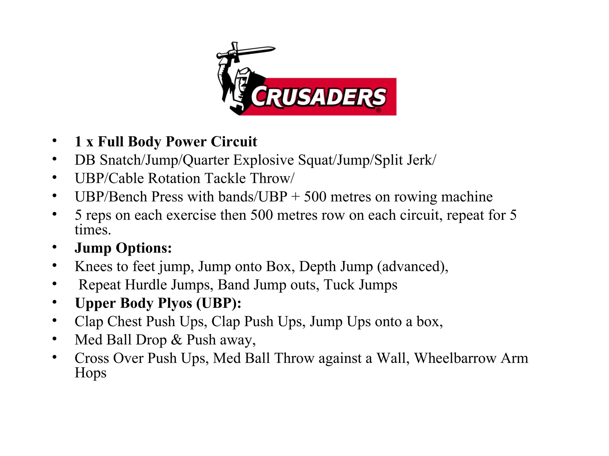 1 x Full Body Power Circuit DB Snatch/Jump/Quarter Explosive Squat/Jump/Split Jerk/ UBP/Cable Rotation Tackle Throw/ UBP/Bench Press with bands/UBP + 500 metres on rowing machine 5 reps on each exercise then 500 metres row on each circuit, repeat for 5 times. Jump Options: Knees to feet jump, Jump onto Box, Depth Jump (advanced), Repeat Hurdle Jumps, Band Jump outs, Tuck Jumps Upper Body Plyos (UBP): Clap Chest Push Ups, Clap Push Ups, Jump Ups onto a box,  Med Ball Drop & Push away,  Cross Over Push Ups, Med Ball Throw against a Wall, Wheelbarrow Arm Hops 