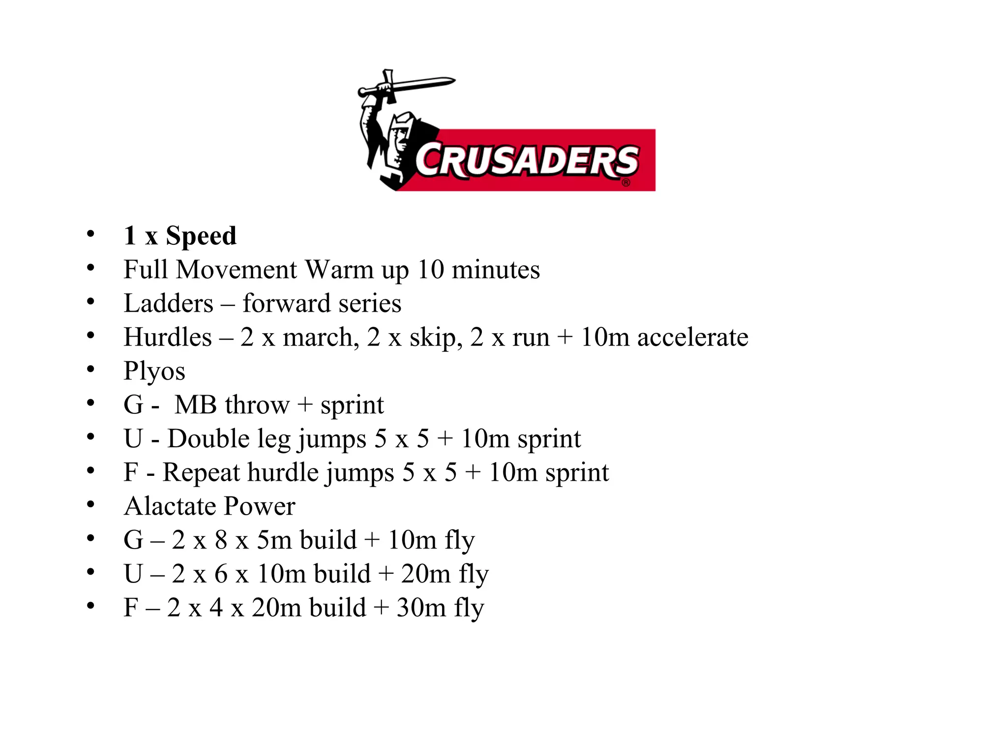 1 x Speed Full Movement Warm up 10 minutes Ladders – forward series Hurdles – 2 x march, 2 x skip, 2 x run + 10m accelerate Plyos G -  MB throw + sprint U - Double leg jumps 5 x 5 + 10m sprint F - Repeat hurdle jumps 5 x 5 + 10m sprint Alactate Power G – 2 x 8 x 5m build + 10m fly U – 2 x 6 x 10m build + 20m fly F – 2 x 4 x 20m build + 30m fly 