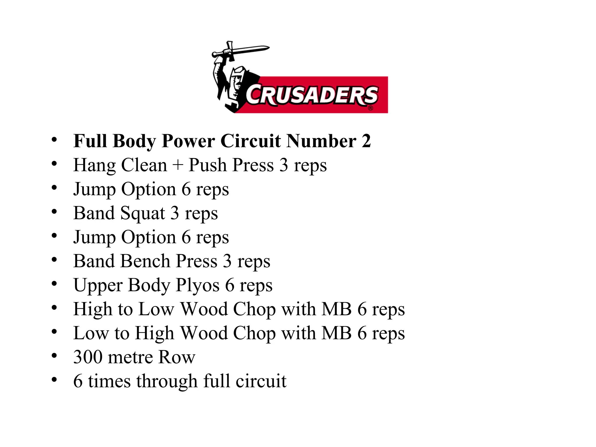 Full Body Power Circuit Number 2 Hang Clean + Push Press 3 reps Jump Option 6 reps Band Squat 3 reps Jump Option 6 reps Band Bench Press 3 reps Upper Body Plyos 6 reps High to Low Wood Chop with MB 6 reps Low to High Wood Chop with MB 6 reps 300 metre Row 6 times through full circuit 