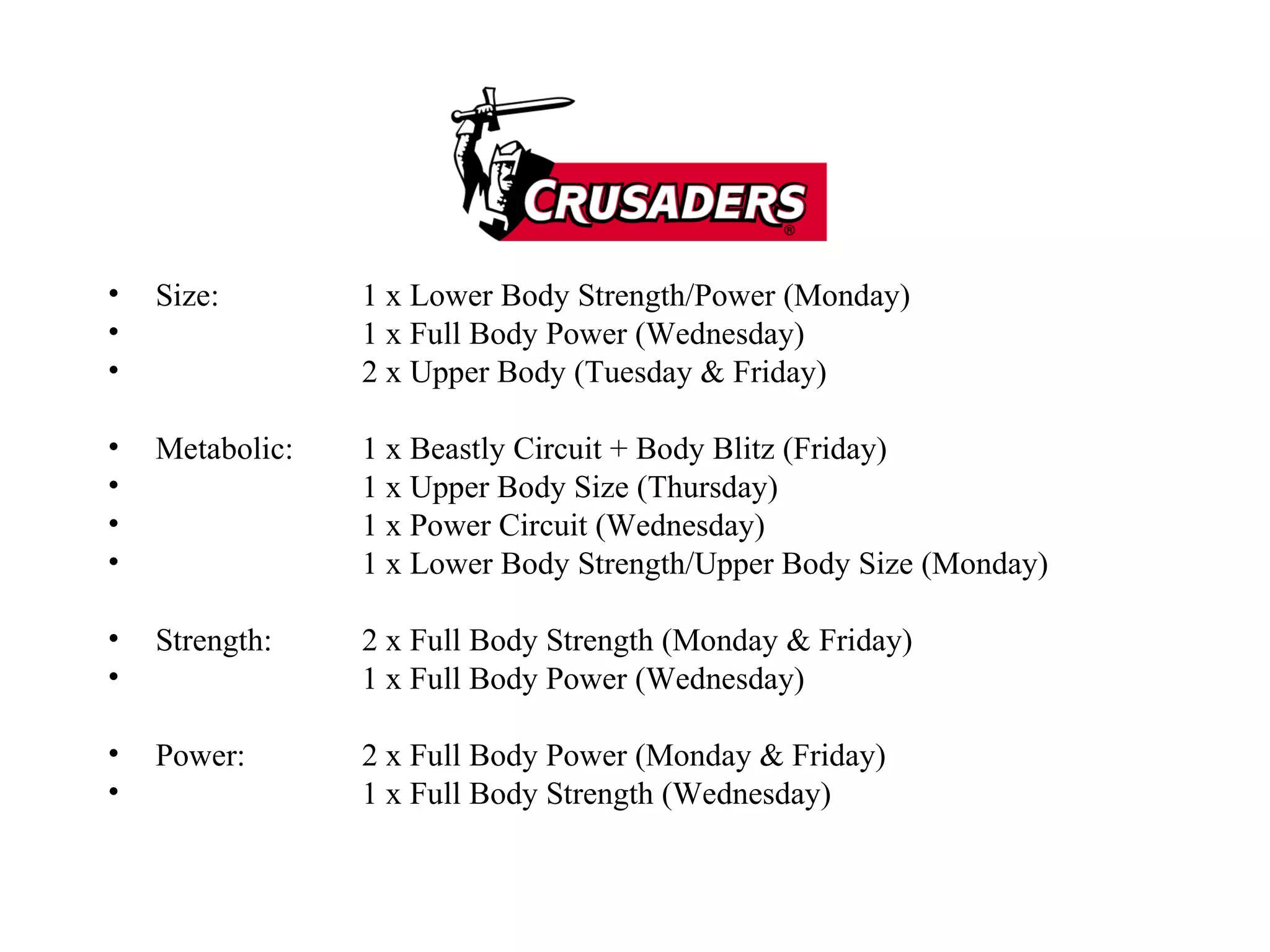 Size: 1 x Lower Body Strength/Power (Monday) 1 x Full Body Power (Wednesday) 2 x Upper Body (Tuesday & Friday) Metabolic: 1 x Beastly Circuit + Body Blitz (Friday) 1 x Upper Body Size (Thursday) 1 x Power Circuit (Wednesday) 1 x Lower Body Strength/Upper Body Size (Monday) Strength: 2 x Full Body Strength (Monday & Friday) 1 x Full Body Power (Wednesday) Power: 2 x Full Body Power (Monday & Friday) 1 x Full Body Strength (Wednesday) 