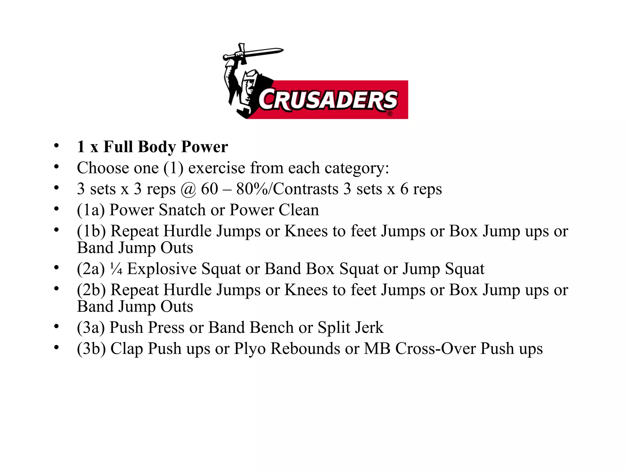1 x Full Body Power Choose one (1) exercise from each category:  3 sets x 3 reps @ 60 – 80%/Contrasts 3 sets x 6 reps (1a) Power Snatch or Power Clean (1b) Repeat Hurdle Jumps or Knees to feet Jumps or Box Jump ups or Band Jump Outs (2a) ¼ Explosive Squat or Band Box Squat or Jump Squat  (2b) Repeat Hurdle Jumps or Knees to feet Jumps or Box Jump ups or Band Jump Outs (3a) Push Press or Band Bench or Split Jerk (3b) Clap Push ups or Plyo Rebounds or MB Cross-Over Push ups 