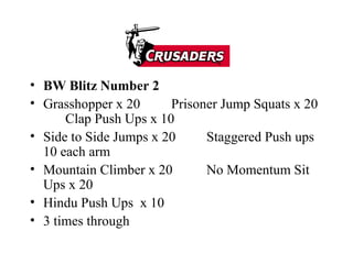 BW Blitz Number 2 Grasshopper x 20 Prisoner Jump Squats x 20 Clap Push Ups x 10 Side to Side Jumps x 20 Staggered Push ups 10 each arm Mountain Climber x 20 No Momentum Sit Ups x 20 Hindu Push Ups  x 10 3 times through 