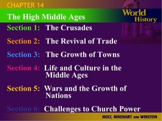 CHAPTER 14 Section 1: The Crusades  Section 2: The Revival of Trade Section 3: The Growth of Towns Section 4:   Life and Culture in the  Middle Ages Section 5:   Wars and the Growth of  Nations Section 6:   Challenges to Church Power The High Middle Ages 