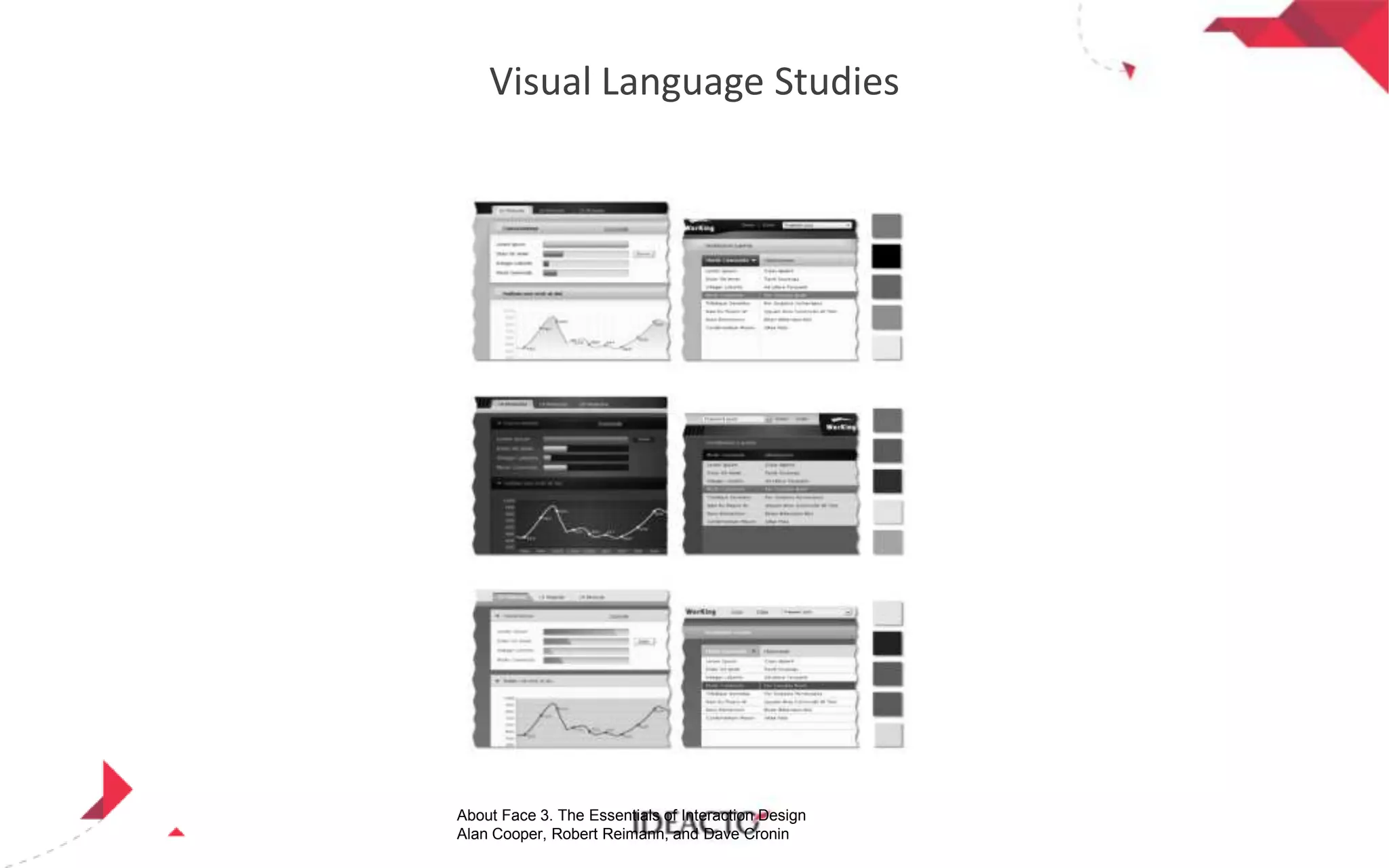 Visual Language Studies

About Face 3. The Essentials of Interaction Design
Alan Cooper, Robert Reimann, and Dave Cronin

 