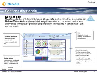 Gestione direzionale Nuvola rende disponibile un’interfaccia  direzionale  facile ed intuitiva: è semplice per la direzione controllare gli obiettivi strategici basandosi su una analisi storica e su una verifica immediata e puntuale degli indicatori, incrociando in tempo reale i dati dei vari ambiti.  Pannelli di selezione : selezioni rapide di insiemi di dati analisi incrociate dei dati  KPI: Key performance indicator  di immediata consultazione Analisi veloce : Identificazione immediata di  cluster  di dati tramite grafici a torta e a blocchi Multidimensionale : Verifica sul campo della strategia aziendale tramite grafici di confronto a 3 dimensioni con: visualizzazione assoluta visualizzazione percentuale e altro… Modulo Nuvola Dealer Gestione direzionale 