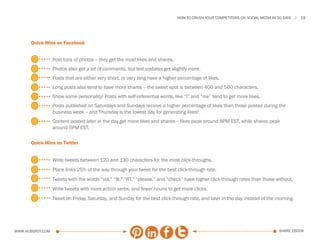 HOW TO CRUSH YOUR COMPETITORS ON SOCIAL MEDIA IN 30 DAYS   19




      Quick Wins on Facebook


                  Post tons of photos -- they get the most likes and shares.
                  Photos also get a lot of comments, but text updates get slightly more.
                  Posts that are either very short, or very long have a higher percentage of likes.
                  Long posts also tend to have more shares -- the sweet spot is between 400 and 500 characters.
                  Show some personality! Posts with self-referential words, like “I” and “me” tend to get more likes.
                  Posts published on Saturdays and Sundays receive a higher percentage of likes than those posted during the
                  business week -- and Thursday is the lowest day for generating likes!
                  Content posted later in the day get more likes and shares -- likes peak around 8PM EST, while shares peak
                  around 6PM EST.

      Quick Wins on Twitter


                  Write tweets between 120 and 130 characters for the most click-throughs.
                  Place links 25% of the way through your tweet for the best click-through rate.
                  Tweets with the words “via,” “@,” “RT,” “please,” and “check” have higher click-through rates than those without.
                  Write tweets with more action verbs, and fewer nouns to get more clicks.
                  Tweet on Friday, Saturday, and Sunday for the best click-through rate, and later in the day instead of the morning.




www.Hubspot.com                                                                                                                  share ebook
 