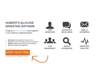 U q M
HubSpot’s All-in-One
Marketing Software
brings your whole marketing world together                Lead       blogging &      Email &
in one, powerful, integrated system.                   Generation   social media   Automation



   Get Found: Help prospects find you online
   Convert: Nurture your leads and drive conversions
   Analyze: Measure and improve your marketing
   Plus more apps and integrations
                                                       g  Lead
                                                       management
                                                                     s Y
                                                                      Search
                                                                    optimization
                                                                                   Marketing
                                                                                   analytics

Start Your Trial
http://bit.ly/hubspot-trial
 