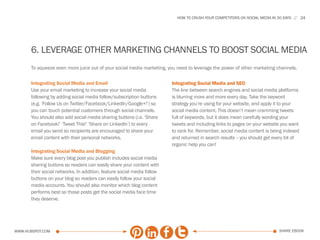 HOW TO CRUSH YOUR COMPETITORS ON SOCIAL MEDIA IN 30 DAYS      24




      6. LEVERAGE OTHER MARKETING CHANNELS TO BOOST SOCIAL MEDIA
      To squeeze even more juice out of your social media marketing, you need to leverage the power of other marketing channels.

      Integrating Social Media and Email                                Integrating Social Media and SEO
      Use your email marketing to increase your social media            The line between search engines and social media platforms
      following by adding social media follow/subscription buttons      is blurring more and more every day. Take the keyword
      (e.g. ‘Follow Us on Twitter/Facebook/LinkedIn/Google+!’) so       strategy you’re using for your website, and apply it to your
      you can touch potential customers through social channels.        social media content. This doesn’t mean cramming tweets
      You should also add social media sharing buttons (i.e. ‘Share     full of keywords, but it does mean carefully wording your
      on Facebook!’ ‘Tweet This!’ ‘Share on LinkedIn’) to every         tweets and including links to pages on your website you want
      email you send so recipients are encouraged to share your         to rank for. Remember, social media content is being indexed
      email content with their personal networks.                       and returned in search results -- you should get every bit of
                                                                        organic help you can!
      Integrating Social Media and Blogging
      Make sure every blog post you publish includes social media
      sharing buttons so readers can easily share your content with
      their social networks. In addition, feature social media follow
      buttons on your blog so readers can easily follow your social
      media accounts. You should also monitor which blog content
      performs best so those posts get the social media face time
      they deserve.




www.Hubspot.com                                                                                                             share ebook
 