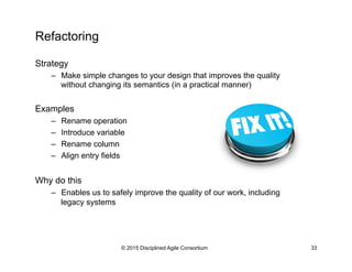 Refactoring
Strategy
–  Make simple changes to your design that improves the quality
without changing its semantics (in a ...