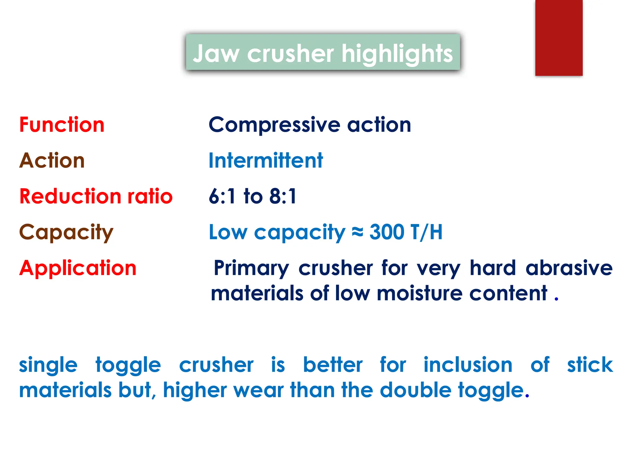 Function Compressive action
Action Intermittent
Reduction ratio 6:1 to 8:1
Capacity Low capacity ≈ 300 T/H
Application Primary crusher for very hard abrasive
materials of low moisture content .
single toggle crusher is better for inclusion of stick
materials but, higher wear than the double toggle.
Jaw crusher highlights
 