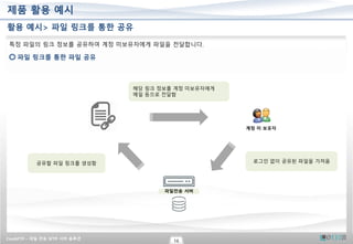 CrushFTP – 파일 전송 SFTP 서버 솔루션
16
제품 활용 예시
활용 예시> 파일 링크를 통한 공유
특정 파일의 링크 정보를 공유하여 계정 미보유자에게 파일을 전달합니다.
파일 링크를 통한 파일 공유
파일전송 서버
공유할 파일 링크를 생성함
해당 링크 정보를 계정 미보유자에게
메일 등으로 전달함
계정 미 보유자
로그인 없이 공유된 파일을 가져옴
 