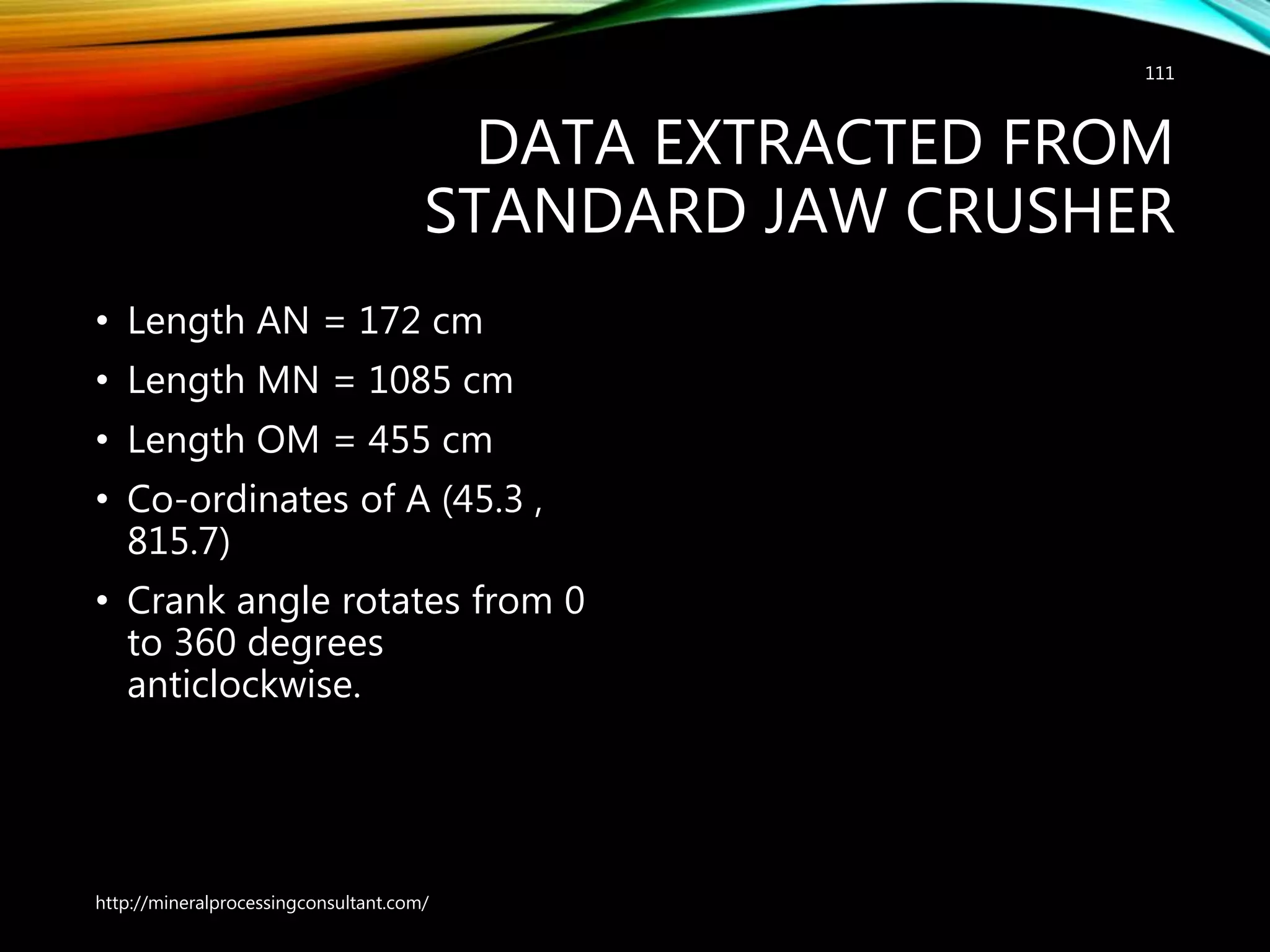 DATA EXTRACTED FROM
STANDARD JAW CRUSHER
• Length AN = 172 cm
• Length MN = 1085 cm
• Length OM = 455 cm
• Co-ordinates of A (45.3 ,
815.7)
• Crank angle rotates from 0
to 360 degrees
anticlockwise.
http://mineralprocessingconsultant.com/
111
 