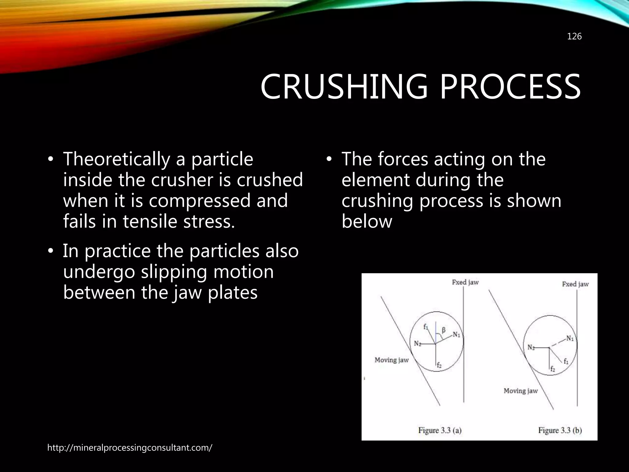 CRUSHING PROCESS
• Theoretically a particle
inside the crusher is crushed
when it is compressed and
fails in tensile stress.
• In practice the particles also
undergo slipping motion
between the jaw plates
• The forces acting on the
element during the
crushing process is shown
below
http://mineralprocessingconsultant.com/
126
 