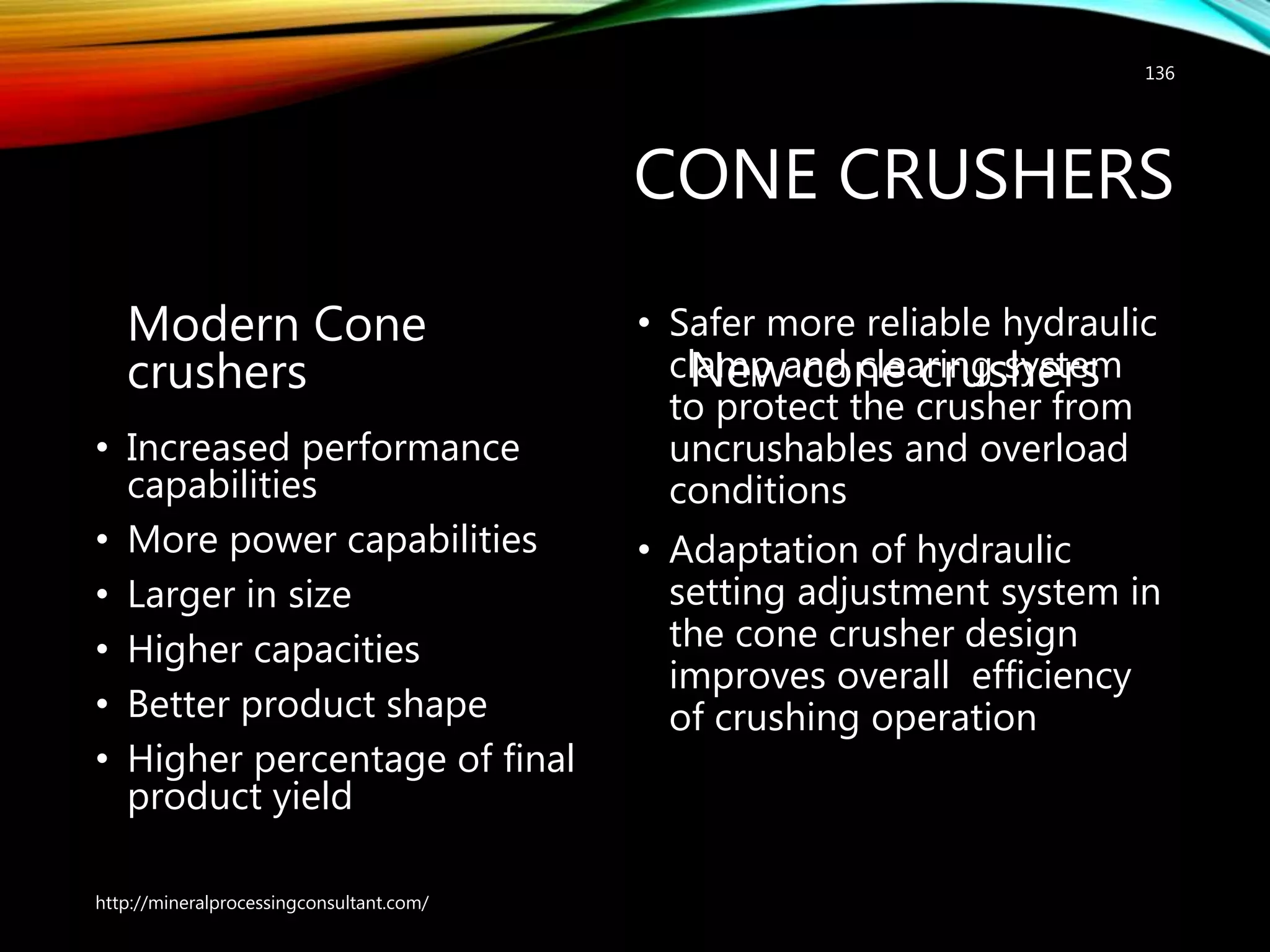 CONE CRUSHERS
Modern Cone
crushers
• Increased performance
capabilities
• More power capabilities
• Larger in size
• Higher capacities
• Better product shape
• Higher percentage of final
product yield
New cone crushers
• Safer more reliable hydraulic
clamp and clearing system
to protect the crusher from
uncrushables and overload
conditions
• Adaptation of hydraulic
setting adjustment system in
the cone crusher design
improves overall efficiency
of crushing operation
http://mineralprocessingconsultant.com/
136
 